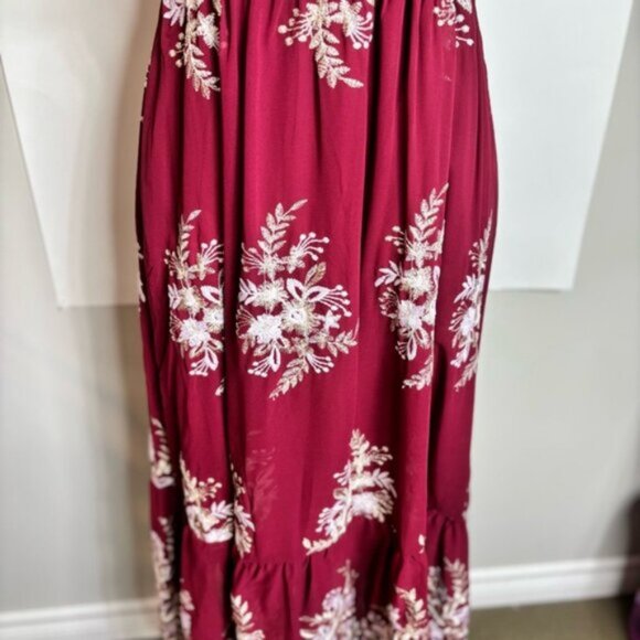 Cariar Vintage Women's Large Burgundy Floral Dress Embroidered Lace Puff Sleeve - Picture 6 of 16